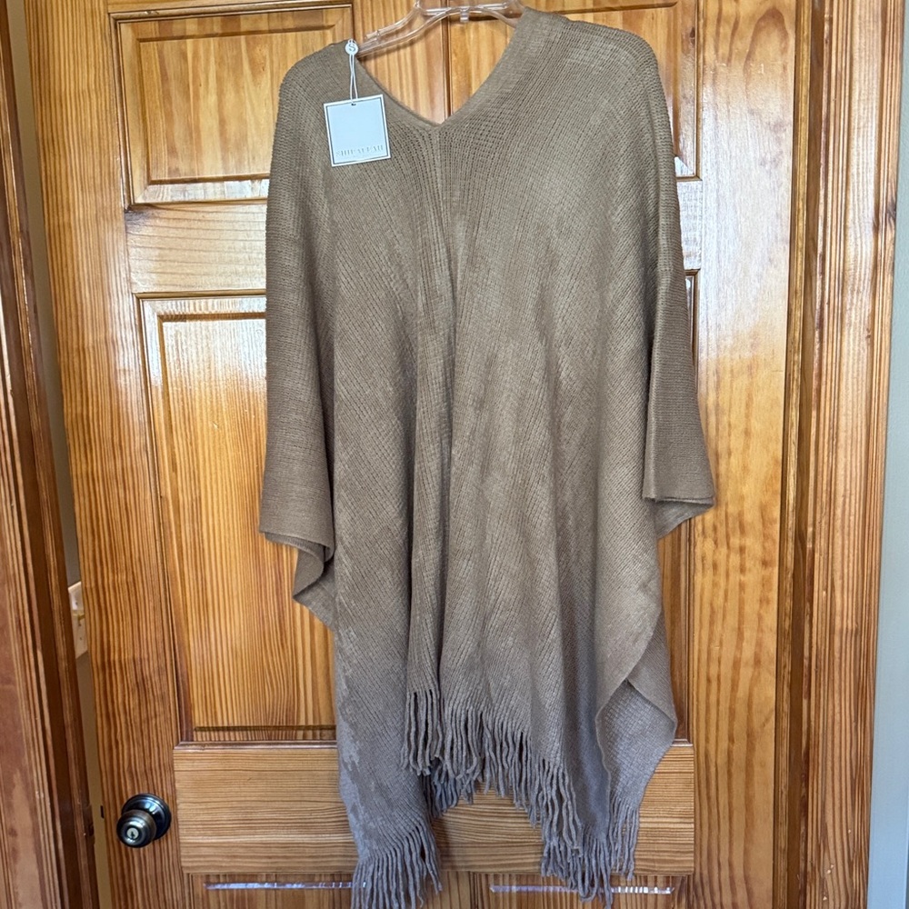 Shiraleah Beige Knit Poncho with Fringe - One Size